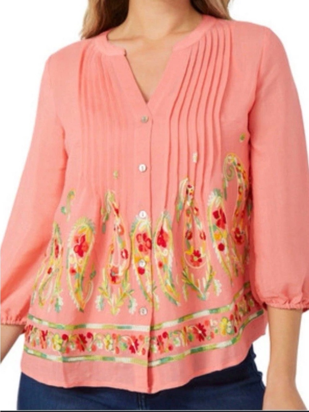 Figueroa & Flower Coral Pink Floral Embroidered Button Down Boho Blouse Petite L